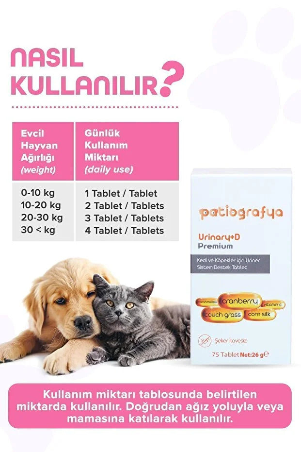 Premium Urinary+D Kediler ve Köpekler İçin Üriner Sistemi Destekleyici Tablet