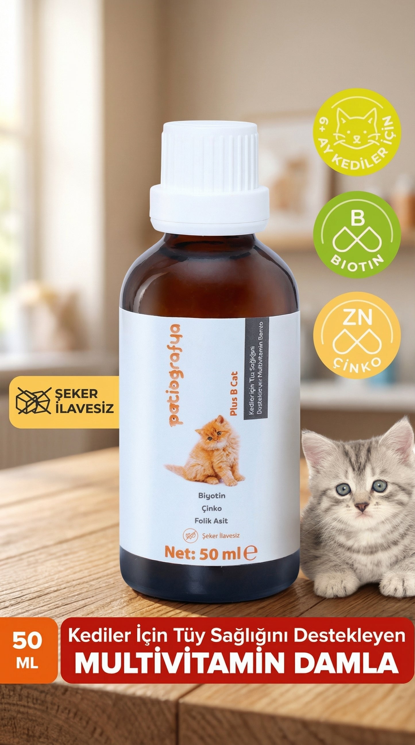 Plus B Kediler Için Tüy Dökümünü Azaltan, Besleyen Tüy Sağlığı Damlası Kedi Tüy Döküm Önleyici 50 ml